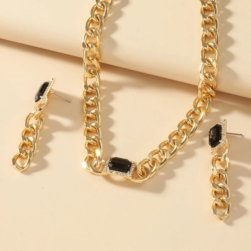 Mood Cool Square Mustast tsirkoonist ketiga kõrvarõngad kaelakee komplekt naistele Lihtne hip-hop hõbetatud ketiga ehete aksessuaarid