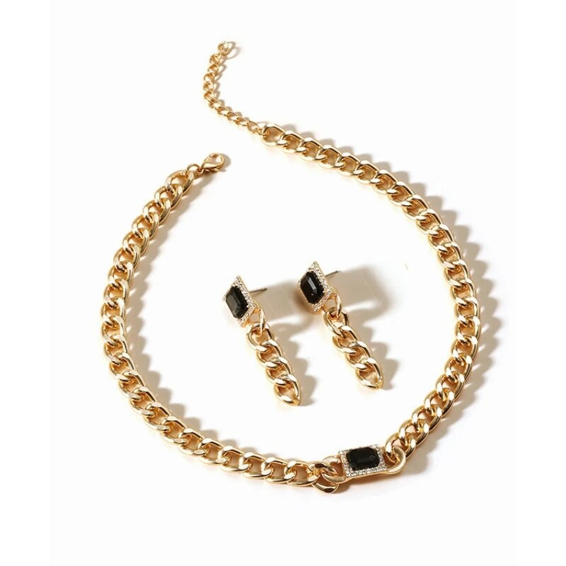 Mood Cool Square Mustast tsirkoonist ketiga kõrvarõngad kaelakee komplekt naistele Lihtne hip-hop hõbetatud ketiga ehete aksessuaarid