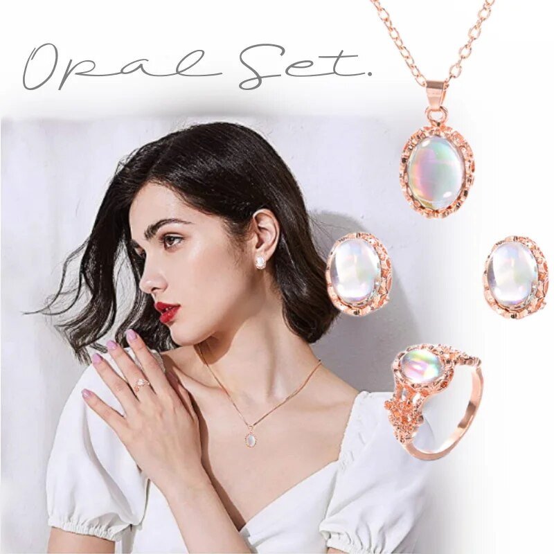 Πολυτελές κομψό κολιέ Aurora οβάλ ζιργκόν δαχτυλίδι κοσμηματοπωλείο για γυναίκες Ρομαντικό επίχρυσο αξεσουάρ γάμου από ψεύτικο οπάλιο