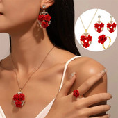 Prabangus romantiškas raudonos aksominės rožės cirkonio karolių auskarų rinkinys moterims Žavingas gėlių pakabukas, moteriškas papuošalas gimtadienio dovana