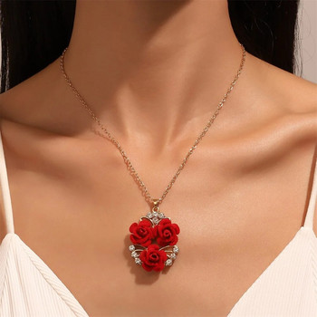 Πολυτελές ρομαντικό κόκκινο βελούδινο τριαντάφυλλο σκουλαρίκια κολιέ ζιργκόν Σετ Γυναικείο γοητευτικό μενταγιόν λουλουδιών Γυναικείο κόσμημα Δώρο γενεθλίων
