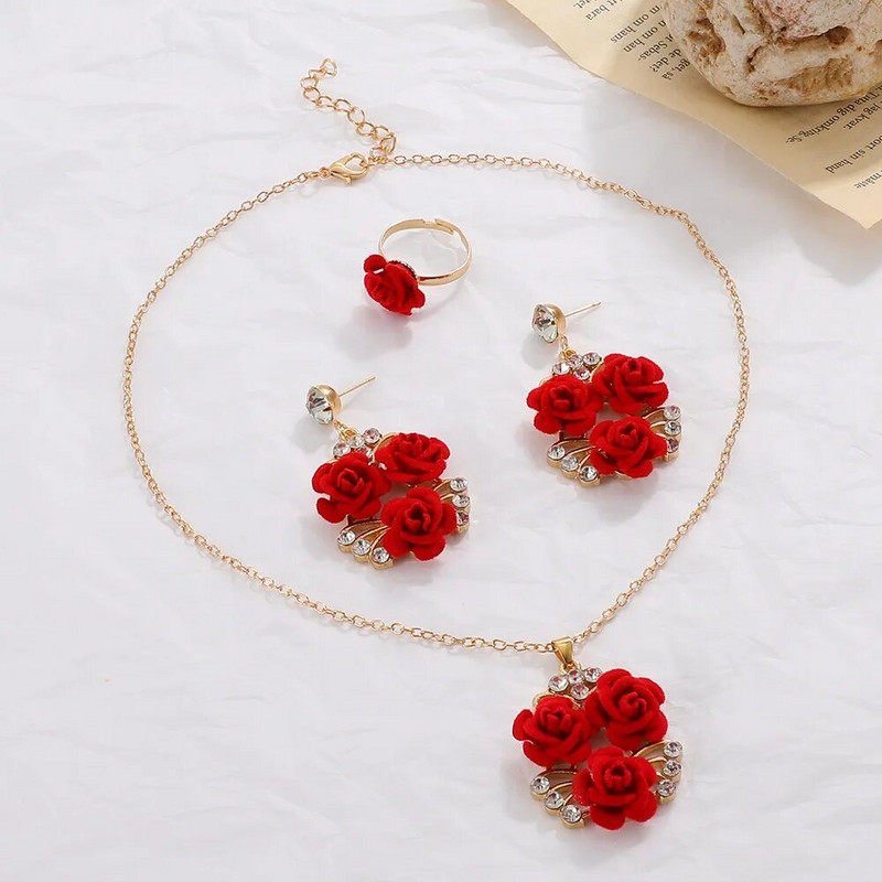 Prabangus romantiškas raudonos aksominės rožės cirkonio karolių auskarų rinkinys moterims Žavingas gėlių pakabukas, moteriškas papuošalas gimtadienio dovana