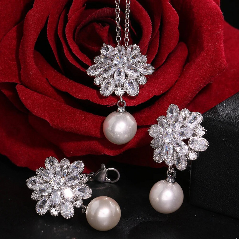 CANPEL Fashion Korea Pearl Stud Σετ κολιέ Σετ Κοσμήματα Ζιργκόν Σετ κοσμήματος Ασημί Χρώμα Αξεσουάρ Νυφικού Γάμου Δώρα