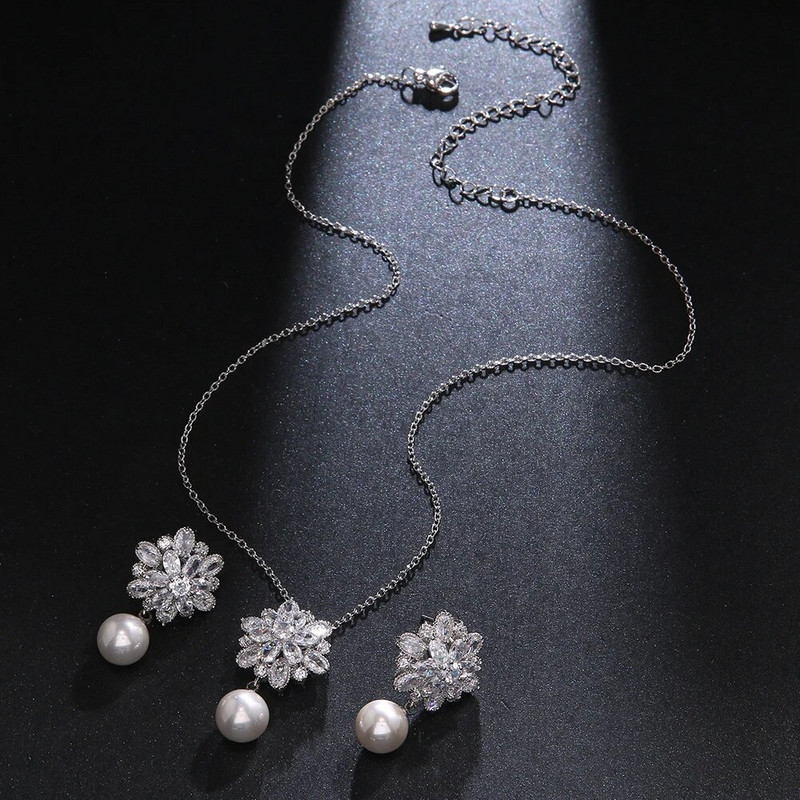 CANPEL Fashion Korea Pearl Stud Σετ κολιέ Σετ Κοσμήματα Ζιργκόν Σετ κοσμήματος Ασημί Χρώμα Αξεσουάρ Νυφικού Γάμου Δώρα