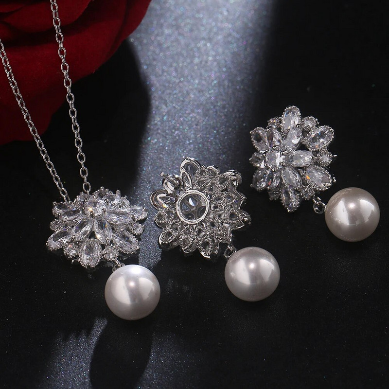 CANPEL Fashion Korea Pearl Stud Σετ κολιέ Σετ Κοσμήματα Ζιργκόν Σετ κοσμήματος Ασημί Χρώμα Αξεσουάρ Νυφικού Γάμου Δώρα