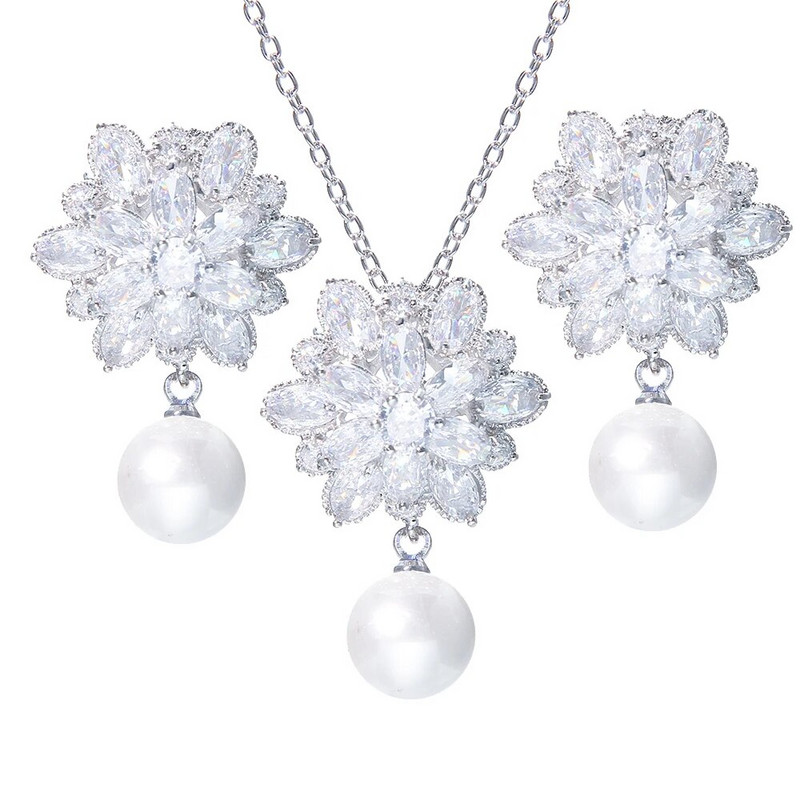 CANPEL Fashion Korea Pearl Stud Σετ κολιέ Σετ Κοσμήματα Ζιργκόν Σετ κοσμήματος Ασημί Χρώμα Αξεσουάρ Νυφικού Γάμου Δώρα