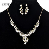 Radošs zelta krāsas lapu kaklarotas un auskaru komplekts sievietēm Kāzu līgavu pērļu kalnu kristāla rotaslietas, sieviešu rotaslietas