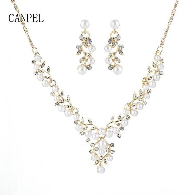 Radošs zelta krāsas lapu kaklarotas un auskaru komplekts sievietēm Kāzu līgavu pērļu kalnu kristāla rotaslietas, sieviešu rotaslietas