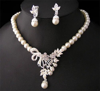 Πολυτελές Γυναικείο Κρυστάλλινο Σετ Κοσμήματα Γούρι Ασημί Χρώμα Γαμήλια Κρεμαστά Σκουλαρίκια Γυναικεία Κολιέ κολιέ με αλυσίδα με λευκή πέρλα