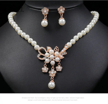 Πολυτελές Γυναικείο Κρυστάλλινο Σετ Κοσμήματα Γούρι Ασημί Χρώμα Γαμήλια Κρεμαστά Σκουλαρίκια Γυναικεία Κολιέ κολιέ με αλυσίδα με λευκή πέρλα