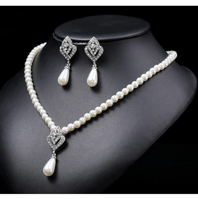 Πολυτελές Γυναικείο Κρυστάλλινο Σετ Κοσμήματα Γούρι Ασημί Χρώμα Γαμήλια Κρεμαστά Σκουλαρίκια Γυναικεία Κολιέ κολιέ με αλυσίδα με λευκή πέρλα