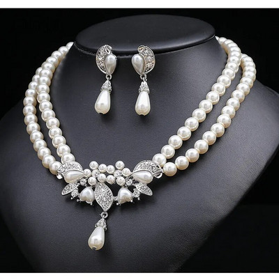 Πολυτελές Γυναικείο Κρυστάλλινο Σετ Κοσμήματα Γούρι Ασημί Χρώμα Γαμήλια Κρεμαστά Σκουλαρίκια Γυναικεία Κολιέ κολιέ με αλυσίδα με λευκή πέρλα
