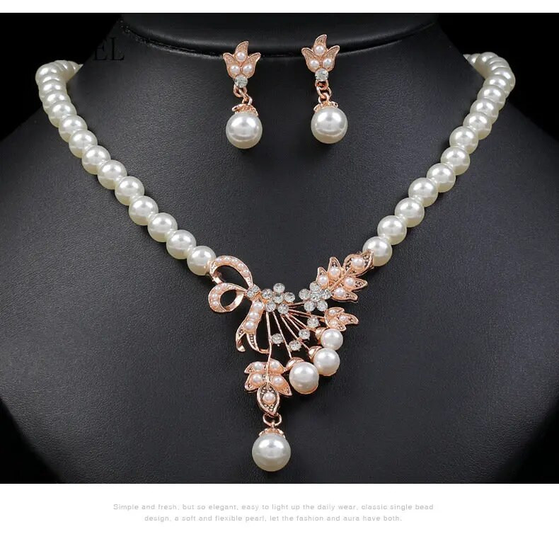 Πολυτελές Γυναικείο Κρυστάλλινο Σετ Κοσμήματα Γούρι Ασημί Χρώμα Γαμήλια Κρεμαστά Σκουλαρίκια Γυναικεία Κολιέ κολιέ με αλυσίδα με λευκή πέρλα