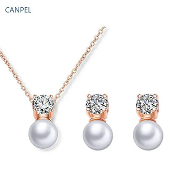 CANPEL Модерни кръгли обеци със симулирани перли Комплект огърлици за жени Изчистен сребрист цвят кубичен циркон Бижута за булчинско парти