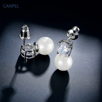 CANPEL Модерни кръгли обеци със симулирани перли Комплект огърлици за жени Изчистен сребрист цвят кубичен циркон Бижута за булчинско парти