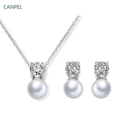 CANPEL Madingi apvalūs imituoti perlų auskarai, karolių rinkinys moterims, paprastos spalvos kubinis cirkonis, vestuvių vakarėlio papuošalai