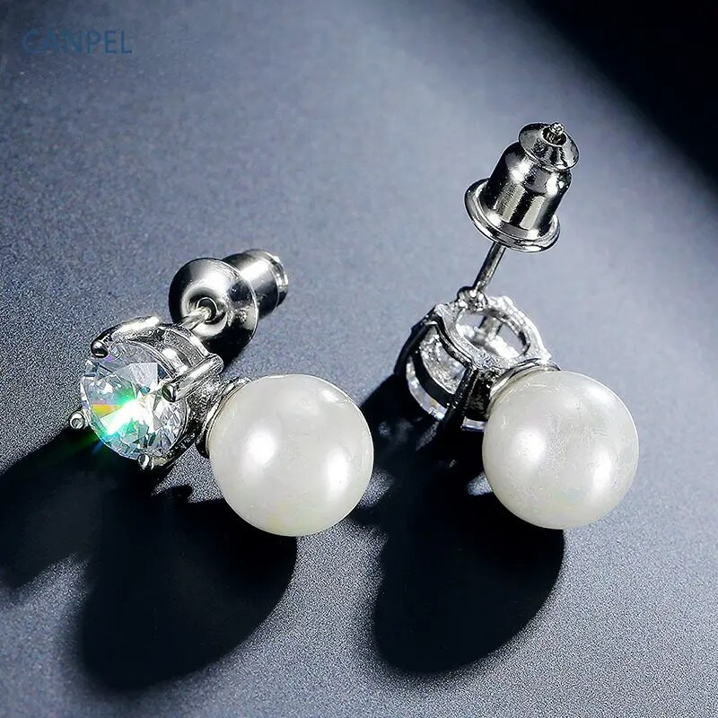 CANPEL Madingi apvalūs imituoti perlų auskarai, karolių rinkinys moterims, paprastos spalvos kubinis cirkonis, vestuvių vakarėlio papuošalai