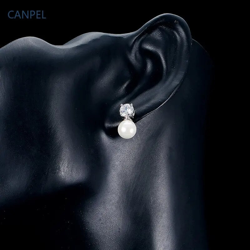 CANPEL Madingi apvalūs imituoti perlų auskarai, karolių rinkinys moterims, paprastos spalvos kubinis cirkonis, vestuvių vakarėlio papuošalai