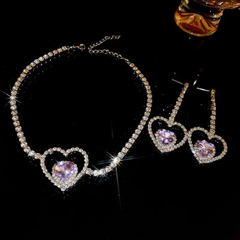 FYUAN корейски стил кухо сърце колие обеци дамски лилави кристални обеци дамски сватбени комплекти бижута булка аксесоари