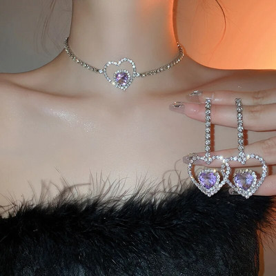 FYUAN Κορεάτικο στυλ Κολιέ κούφια καρδιά Γυναικεία σκουλαρίκια κρυστάλλινα σκουλαρίκια Γυναικεία Σετ κοσμήματα νύφης γάμου Αξεσουάρ