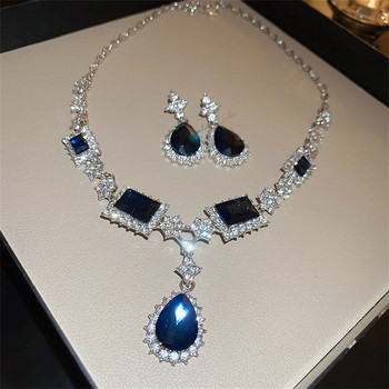 FYUAN Vintage Water Drop Колие Обеци за жени Тъмно сини кристални обеци Сватба Булка Комплекти бижута Аксесоари