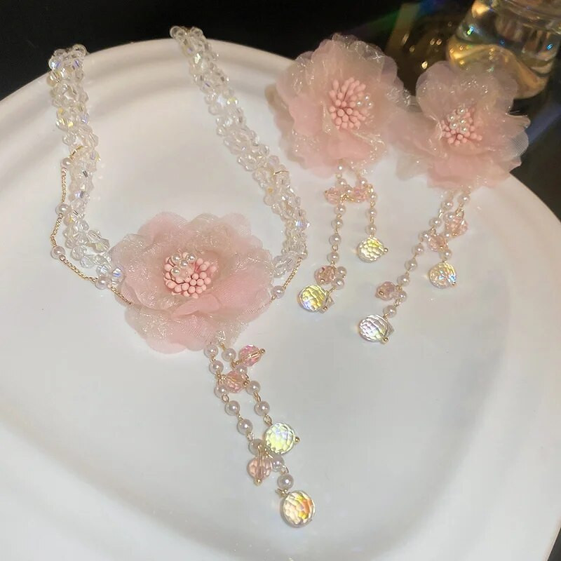 FYUAN Korea stiilis kristallist kaelakee kõrvarõngad naistele armsad pikad tutiga Pnk lõngast lillekõrvarõngad pulmapidude ehete komplektid