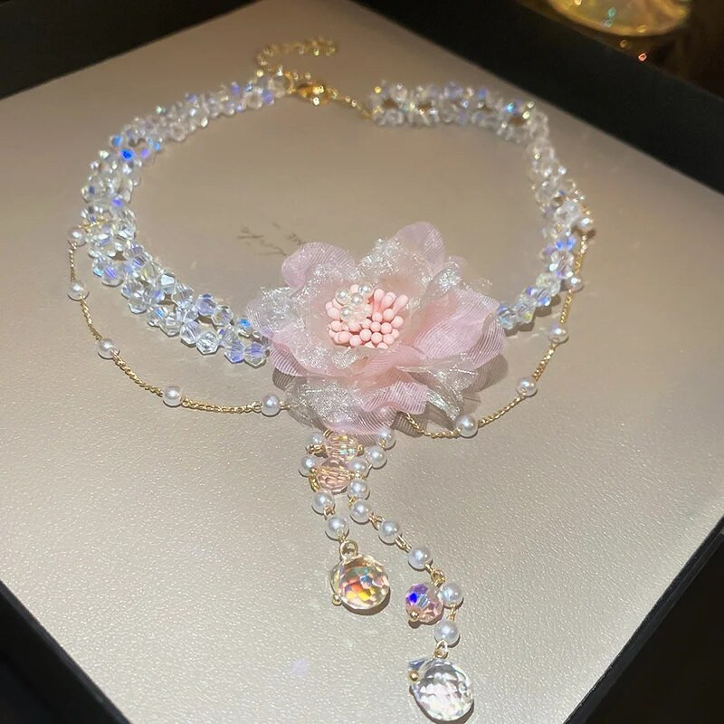 FYUAN Korea stiilis kristallist kaelakee kõrvarõngad naistele armsad pikad tutiga Pnk lõngast lillekõrvarõngad pulmapidude ehete komplektid