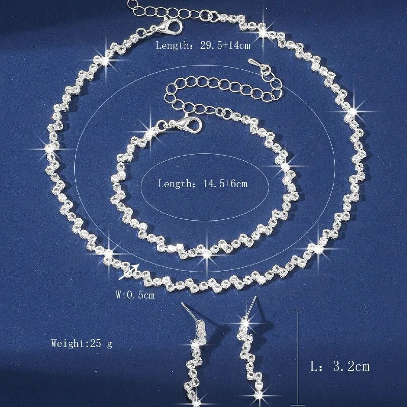 FYUAN Colier de cristal cu zirconiu de culoare argintie simplu, cercei, bratara, cercei lungi cu ciucuri pentru seturi de bijuterii de nunta