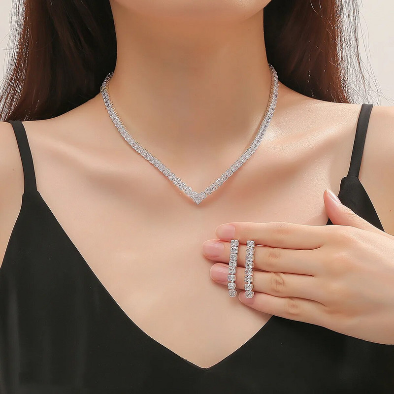 FYUAN 3 Styles Paprasti geometriniai cirkonio karoliai auskarai Moteriški krištolo auskarai vestuvėms nuotakos papuošalų rinkiniai Priedai