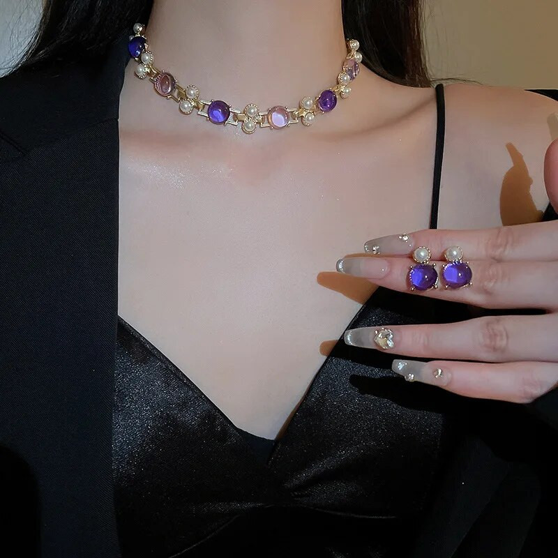 FYUAN vintage pērļu ģeometriskā kaklarota auskari sievietēm purpursarkani rozā sveķu auskari kāzu līgavu rotaslietu komplekti aksesuāri