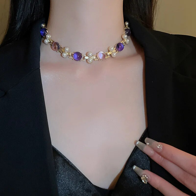 FYUAN vintage pērļu ģeometriskā kaklarota auskari sievietēm purpursarkani rozā sveķu auskari kāzu līgavu rotaslietu komplekti aksesuāri