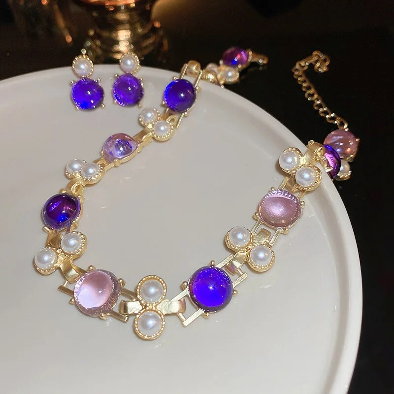 FYUAN vintage pērļu ģeometriskā kaklarota auskari sievietēm purpursarkani rozā sveķu auskari kāzu līgavu rotaslietu komplekti aksesuāri