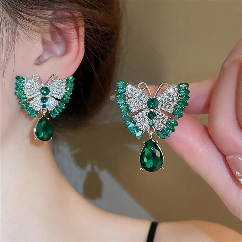 FYUAN Luksuslik Liblikad Kaelakee Kõrvarõngad Komplektid Roheline Kristall Kaelakee Naiste Pulmad Pruudi ehted Aksessuaarid