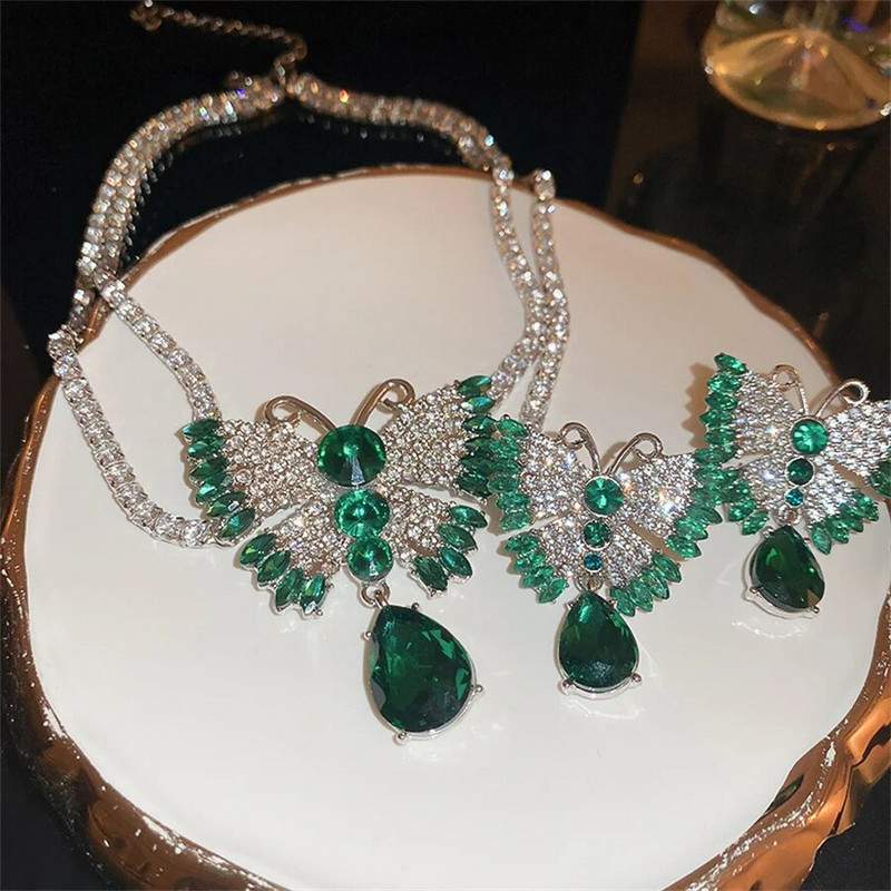 FYUAN Luksuslik Liblikad Kaelakee Kõrvarõngad Komplektid Roheline Kristall Kaelakee Naiste Pulmad Pruudi ehted Aksessuaarid