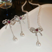 Γυναικεία σκουλαρίκια με μαργαριτάρι κολιέ FYUAN Γυναικεία σκουλαρίκια με κρύσταλλο παπιγιόν Γυναικεία σετ κοσμημάτων νύφης αξεσουάρ