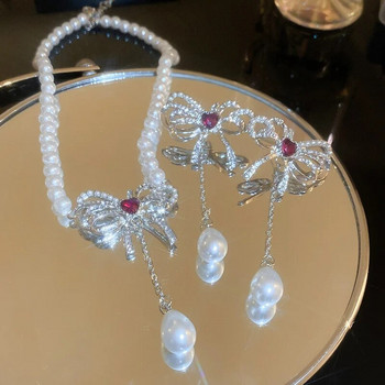 Γυναικεία σκουλαρίκια με μαργαριτάρι κολιέ FYUAN Γυναικεία σκουλαρίκια με κρύσταλλο παπιγιόν Γυναικεία σετ κοσμημάτων νύφης αξεσουάρ