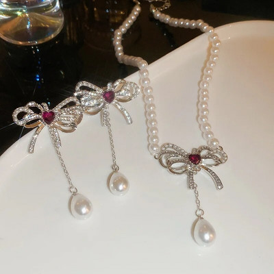 Γυναικεία σκουλαρίκια με μαργαριτάρι κολιέ FYUAN Γυναικεία σκουλαρίκια με κρύσταλλο παπιγιόν Γυναικεία σετ κοσμημάτων νύφης αξεσουάρ