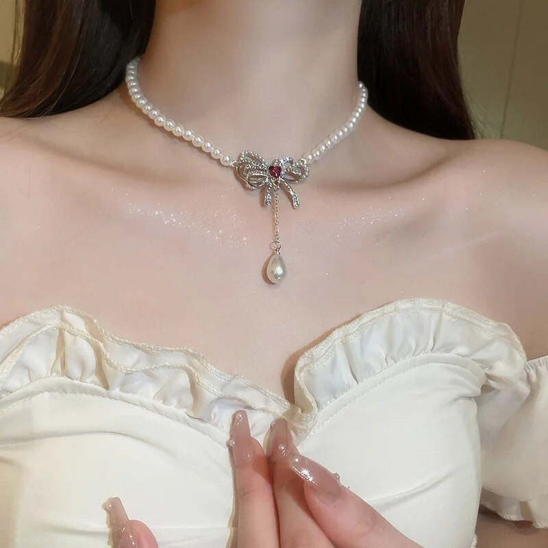 Γυναικεία σκουλαρίκια με μαργαριτάρι κολιέ FYUAN Γυναικεία σκουλαρίκια με κρύσταλλο παπιγιόν Γυναικεία σετ κοσμημάτων νύφης αξεσουάρ