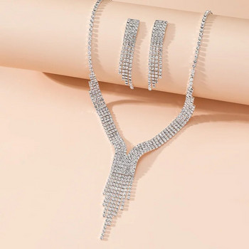 FYUAN Γεωμετρικά κούφια σκουλαρίκια κολιέ από στρας για γυναίκες με μακριά φούντα κοσμήματα σετ αξεσουάρ γάμου