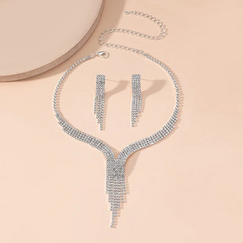 FYUAN Γεωμετρικά κούφια σκουλαρίκια κολιέ από στρας για γυναίκες με μακριά φούντα κοσμήματα σετ αξεσουάρ γάμου