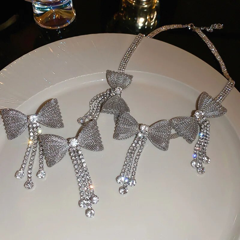 FYUAN koreai stílusú csípős kristály nyaklánc női fülbevaló hosszú bojt strasszos fülbevaló női esküvői menyasszony ékszer készletek