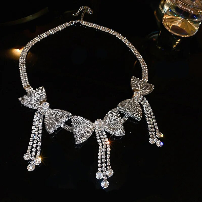 FYUAN koreai stílusú csípős kristály nyaklánc női fülbevaló hosszú bojt strasszos fülbevaló női esküvői menyasszony ékszer készletek