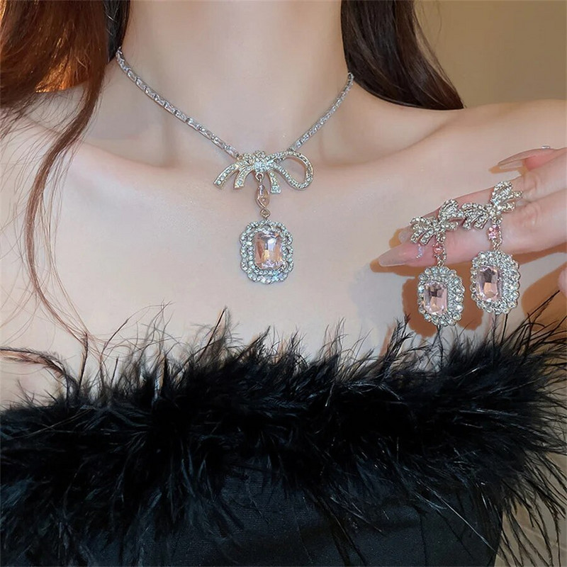 FYUAN klassikaline ruudukujuline roosa kristallist kaelakee kõrvarõngad naistele vibukõrvarõngad pulmapruudi ehete komplektid aksessuaarid