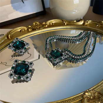 FYUAN Луксозни колиета Обеци за жени Квадратни зелени кристални обеци Сватби Банкетни комплекти бижута