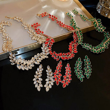 FYUAN Луксозни обеци с огърлица от листа за жени Зелено червено злато Цвят Кристални обеци Сватби Банкетни комплекти бижута
