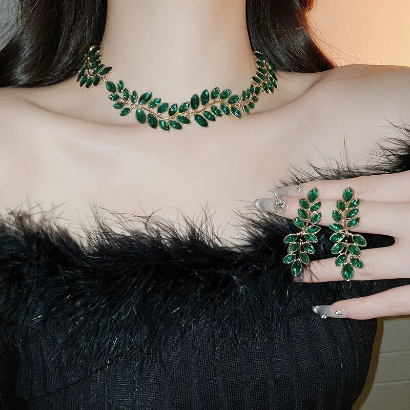 FYUAN Luksuslik Leht kaelakee Kõrvarõngad Naistele Roheline Punane Kuld Värvus Kristallkõrvarõngad Pulmad banketi ehete komplektid