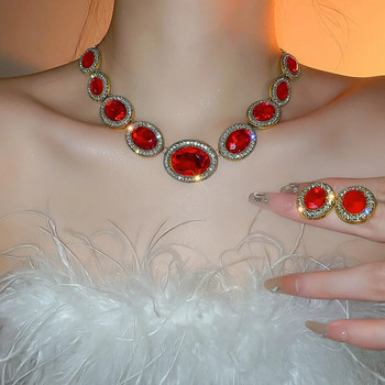 FYUAN Луксозни червени кристални колиета Обеци за жени Геометрични обеци Сватби Банкетни комплекти бижута