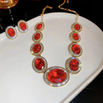 FYUAN Луксозни червени кристални колиета Обеци за жени Геометрични обеци Сватби Банкетни комплекти бижута