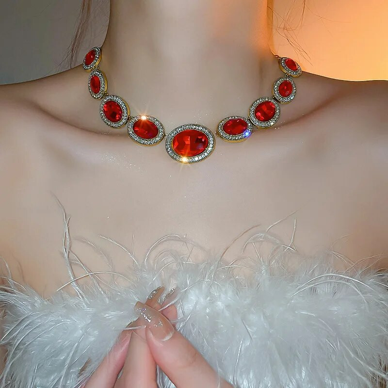 FYUAN Prabangūs raudonų krištolinių karolių auskarai moterims Geometriniai auskarai Vestuvių banketų papuošalų rinkiniai