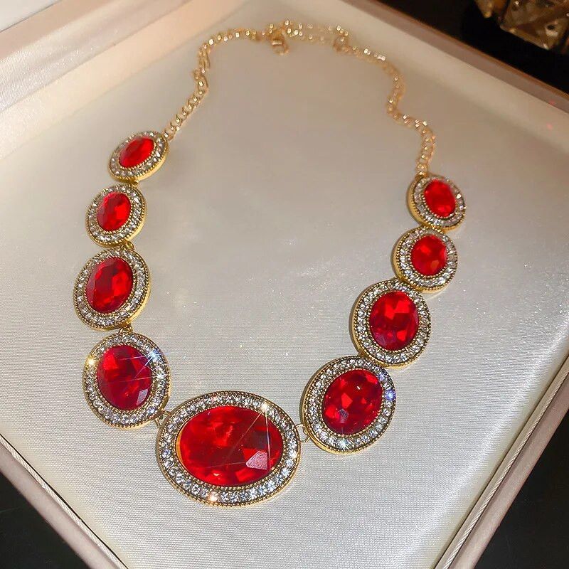 FYUAN Prabangūs raudonų krištolinių karolių auskarai moterims Geometriniai auskarai Vestuvių banketų papuošalų rinkiniai